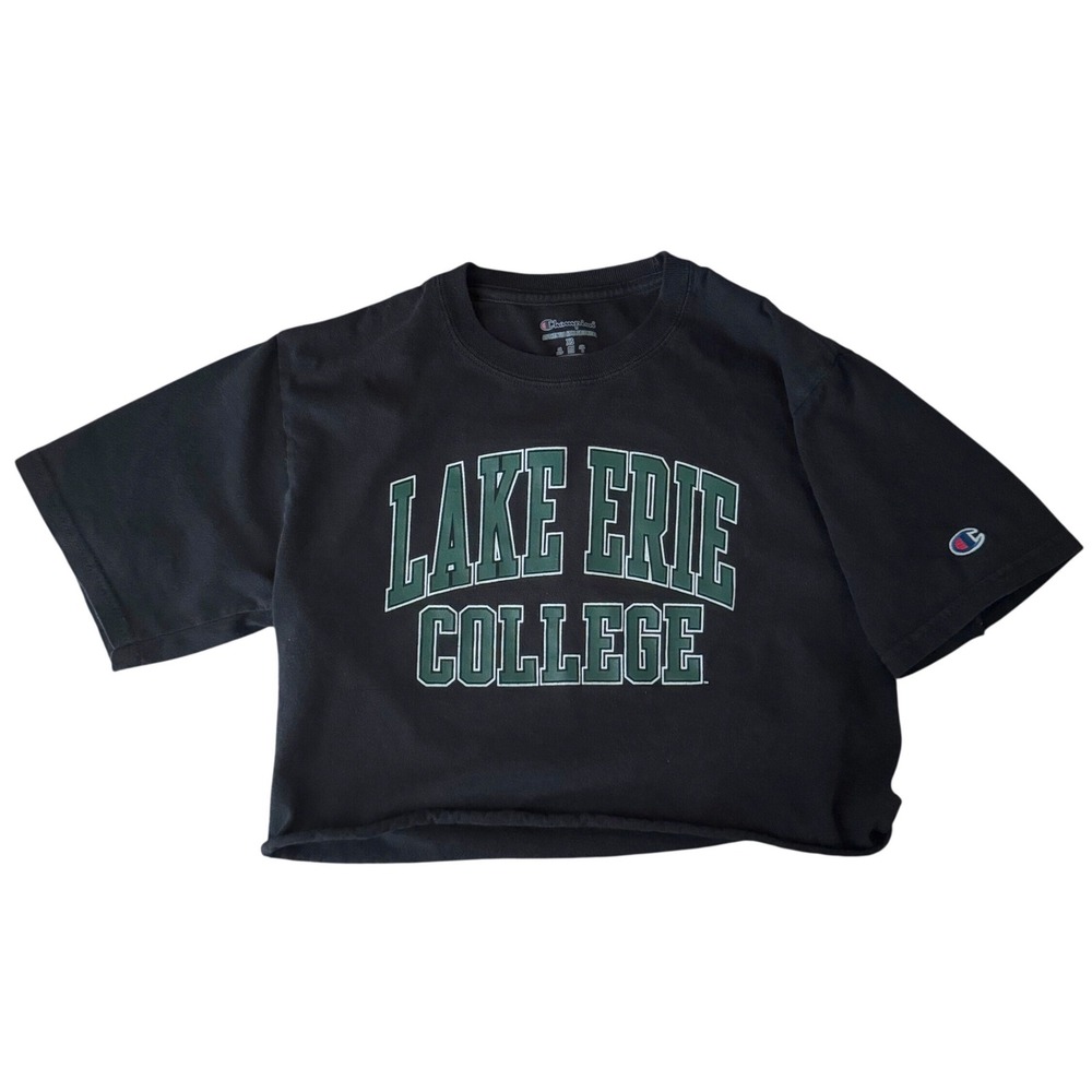 Champion Lake Erie College Cropped Raw Hem Graphic Tee Black XS Small Flaw